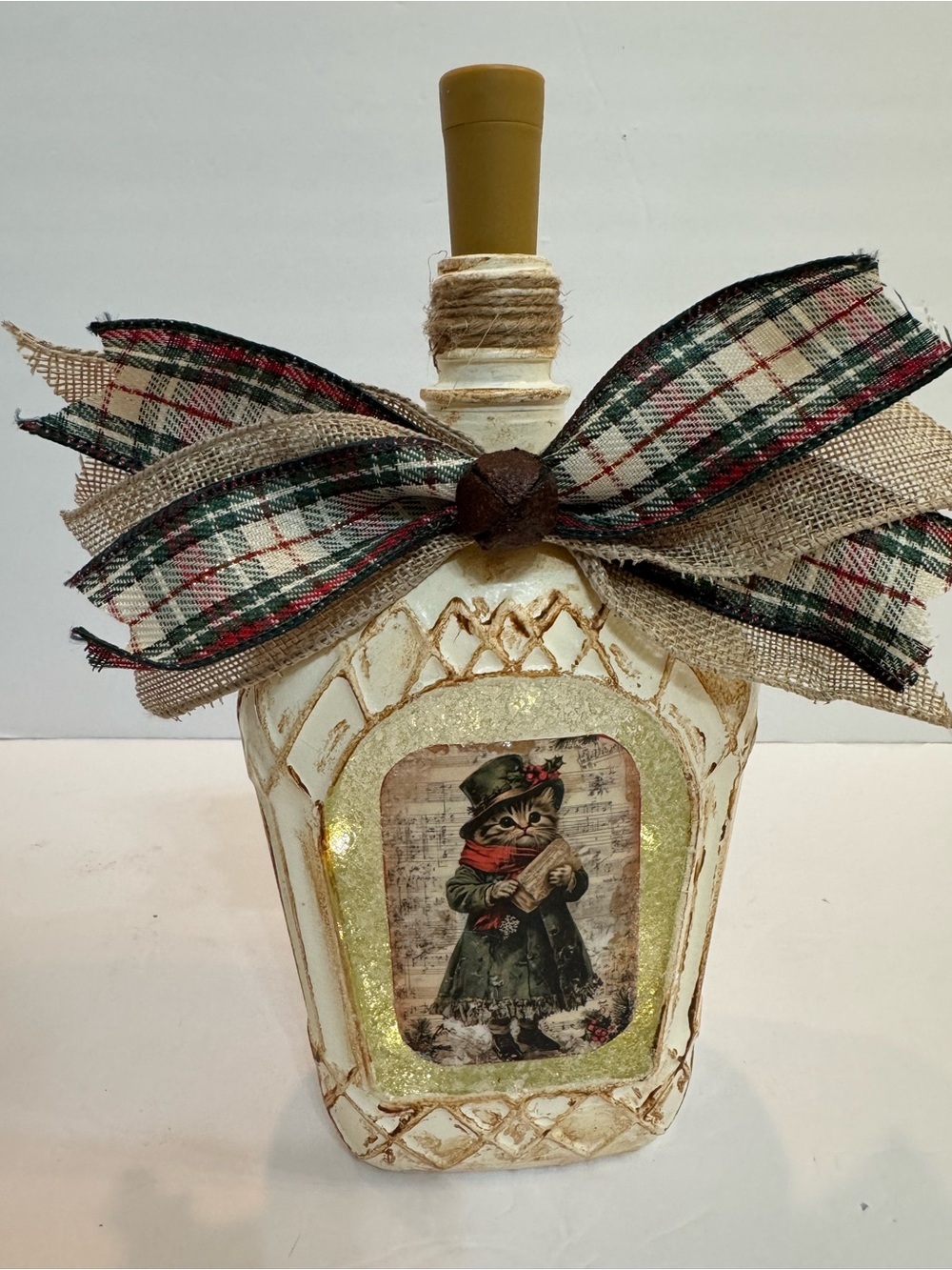OOAK Distressed Lighted Timer Cat Christmas Bottle Holiday Decor